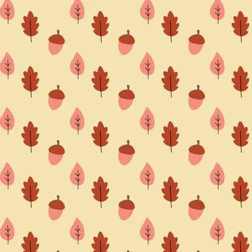 Charming autumn seamless pattern with red leaves and acorns in Scandinavian.. Stock Illustration