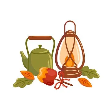 A charming autumn-themed illustration featuring a lovely green teapot next to a Stock Illustration