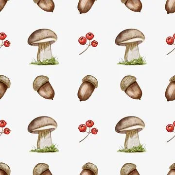 Charming autumn watercolor pattern featuring mushrooms, acorns, and berries.. Stock Illustration