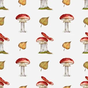Charming autumn watercolor pattern featuring mushrooms and leaves for texti.. Stock Illustration