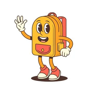 Charming backpack mascot character stands waving with a wide open smile, radi Stock Illustration