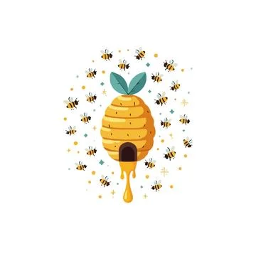 Charming beehive illustration surrounded by busy bees collecting pollen for.. Stock Illustration