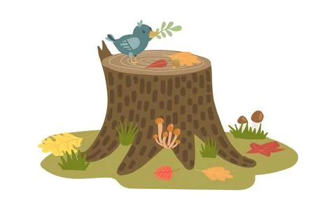 A charming bird perched on a tree stump surrounded by mushrooms and autumn Stock Illustration