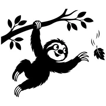 A charming black and white vector illustration of a cute sloth hanging from.. Stock Illustration