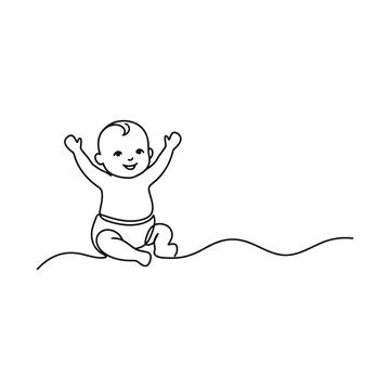 A charming black line drawing illustrates a happy baby sitting with arms ra.. Stock Illustration