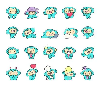 Charming blue monkey character set Stock Illustration