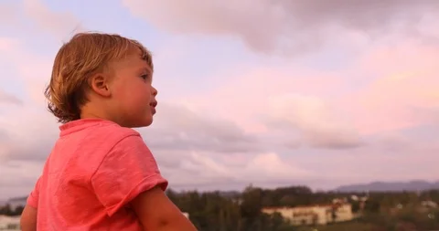 Charming boy in sunset looking away Video stock 100280808