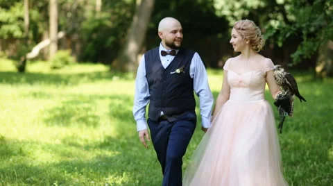 Charming bride and groom on the background of forest with an eagle sitting on Stock Footage 65502088
