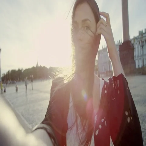 Charming brunette doing selfie Stock Footage 69399992