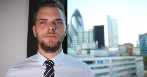 Charming Business Man Looking Camera Hand Gestures Thumb Up Sign London Skyline Stock Footage 76996043