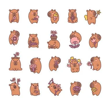 Charming capybara and flower set Stock Illustration