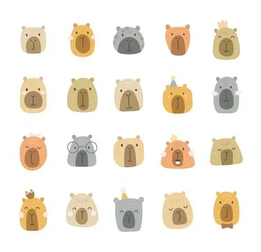 Charming cartoon capybara face set Stock Illustration
