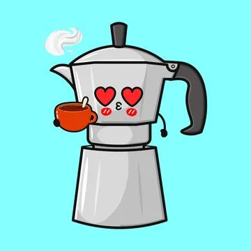 A charming cartoon coffee maker expresses love, holding a warm cup of coffee. Stock Illustration