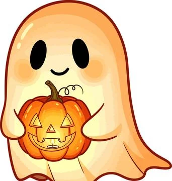 Charming cartoon ghost with a smiling face is holding a lit jack-o'-lantern,  Stock Illustration