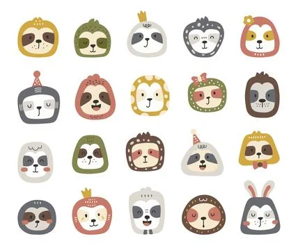 Charming cartoon sloth face set Stock Illustration