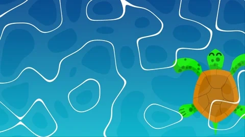 Charming Cartoon Turtle Swimming in Clear Blue Water with Abstract Patterns.. Stock Footage 312558462