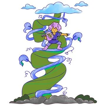 Charming child climbs massive beanstalk holding golden treasure bag towards s Stock Illustration