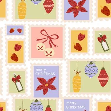 Charming Christmas stamp pattern featuring sweet holiday treats, wine bottle, Stock Illustration