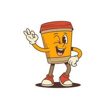 Charming coffee cup mascot with a big smile and a cheeky wink adds personalit Ilustración de archivo