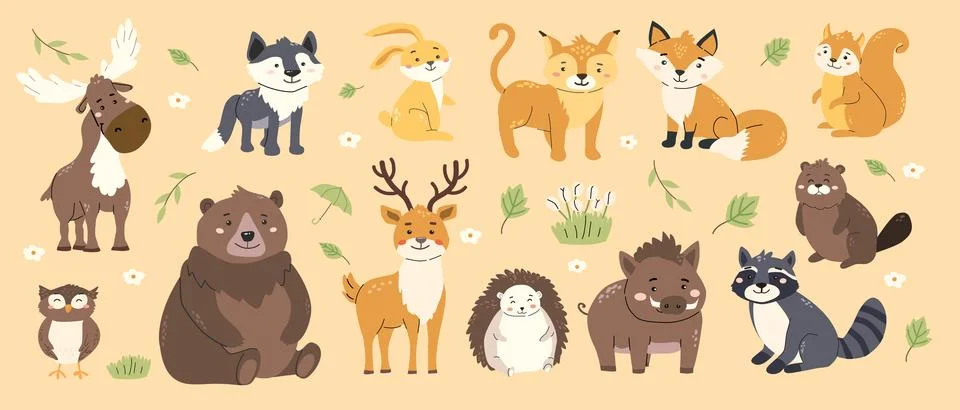 Charming collection of cute forest animals on beige background for card or Stock Illustration