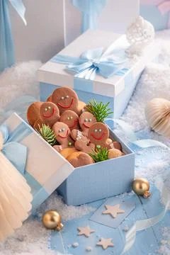 Charming cookie figures placed in pale blue boxes. Stock Photos