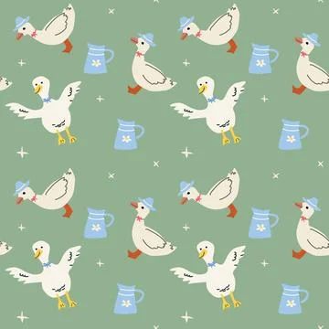 Charming cottage core seamless pattern with ducks and decorative pitchers Illustrazione stock
