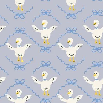 Charming cottage decor illustrated pattern with ducks and bows Illustrazione stock