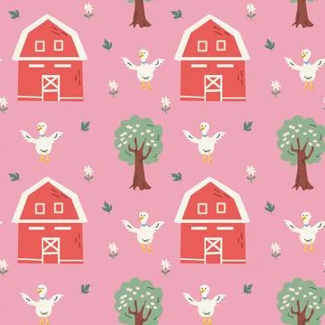 Charming cottage decor pattern with barns, trees, and ducks - perfect for rustic Stock Illustration