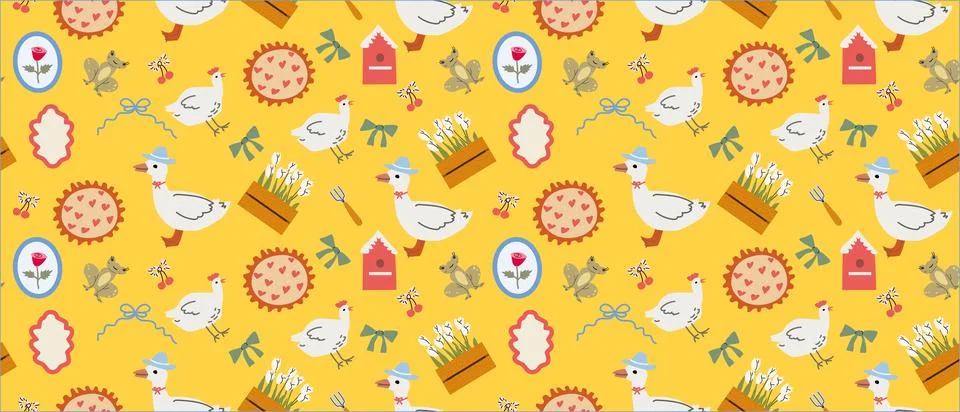 Charming cottage decor pattern with chickens and garden tools Stock Illustration