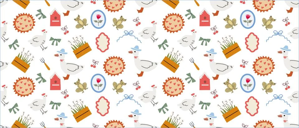 Charming cottage decor pattern with ducks and garden elements for home design Illustrazione stock