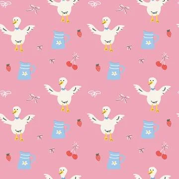 Charming cottage decor pattern with ducks and fruits for home accessories and Stock Illustration