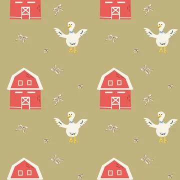 Charming cottage decor pattern with ducks barns and dragonflies for rustic イラスト素材