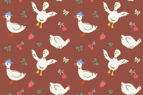 Charming cottage decor pattern with whimsical ducks, berries, and bows Illustrazione stock