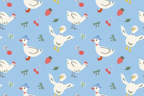 Charming cottagecore pattern with farm animals and fruits for textile design Stock Illustration
