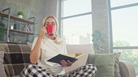 Charming curious lady sit cozy sofa read interesting book drink tea Stock Footage 166902186