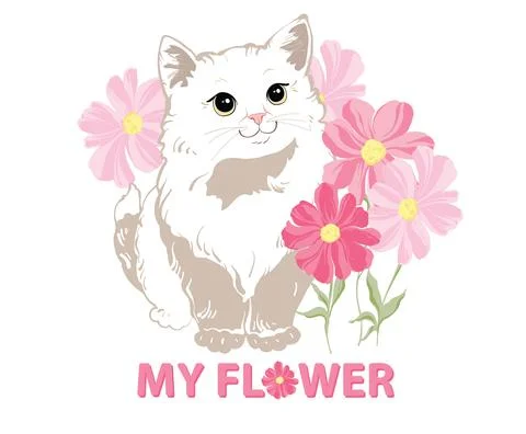 A charming cute white kitty with big eyes stands in pink flowers on a white Stock Illustration