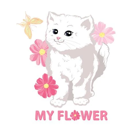 A charming cute white kitty with big eyes stands in pink flowers and butterflies Stock Illustration