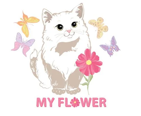 A charming cute white kitty with big eyes stands in pink flowers and butterflies Stock Illustration