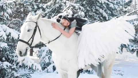 Charming dark queen went for walk in fairy-tale creation, lady with black hair Stock Footage 102706379