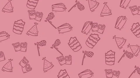 Charming doodle pattern of summer vacation essentials like watermelon, ice cream Stock Footage 318512091