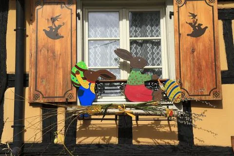 Charming Easter nest display in a traditional Alsace, France Stock Photos