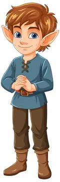 Charming Elf Character in Blue Tunic Illustration Stock Illustration