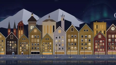 Charming European waterfront town loopable day to night time lapse, traditional Stock Footage 341061811