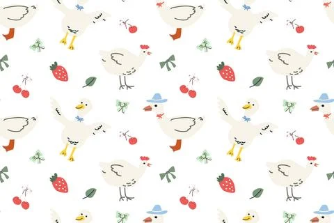 Charming farmhouse pattern with whimsical chickens and fresh fruit motifs for Stock Illustration