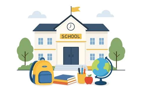 A charming flat illustration depicts a school building Stock Illustration