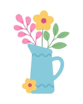Charming flat style illustration of a blue watering jug with blooming flowe.. Stock Illustration