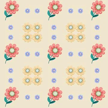 Charming Floral Pattern with Red, Yellow, and Blue Flowers on Beige Background Stock Illustration
