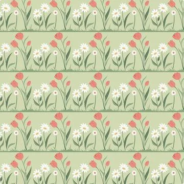 Charming Floral Pattern with Tulips and Daisies Stock Illustration