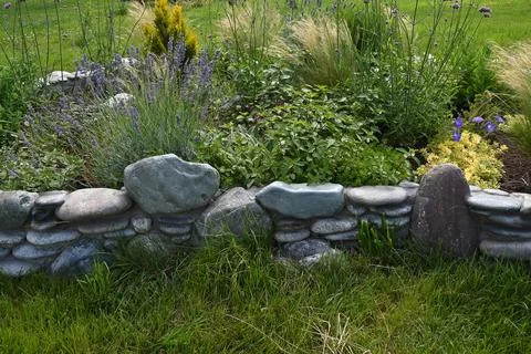 Charming flower bed in the garden is lined with stones with flowering and gre Stock Photos