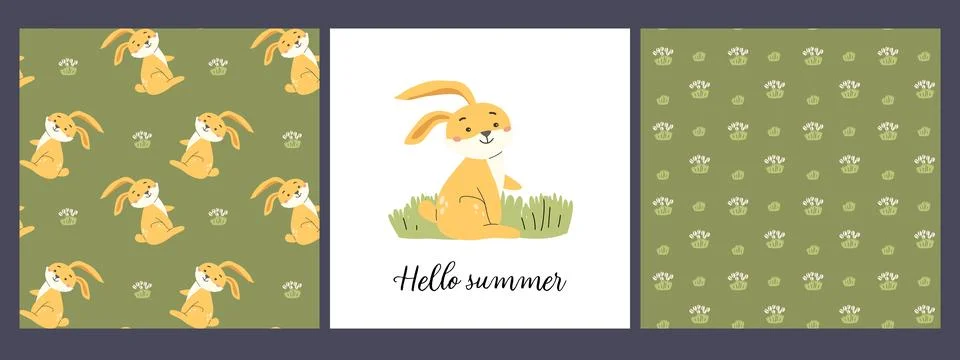 Charming forest animals patterns featuring playful rabbits for summer design Stock Illustration